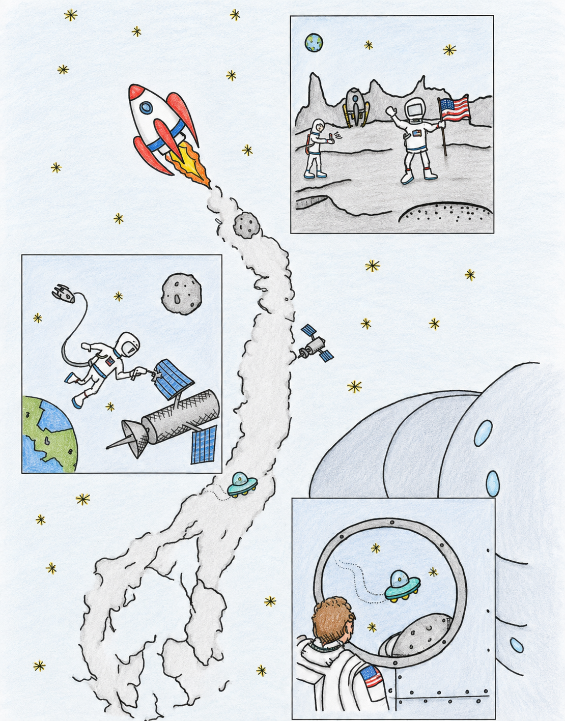Comic über eine Mondmission mit Rakete, Astronauten, Satelliten und Marsstation.